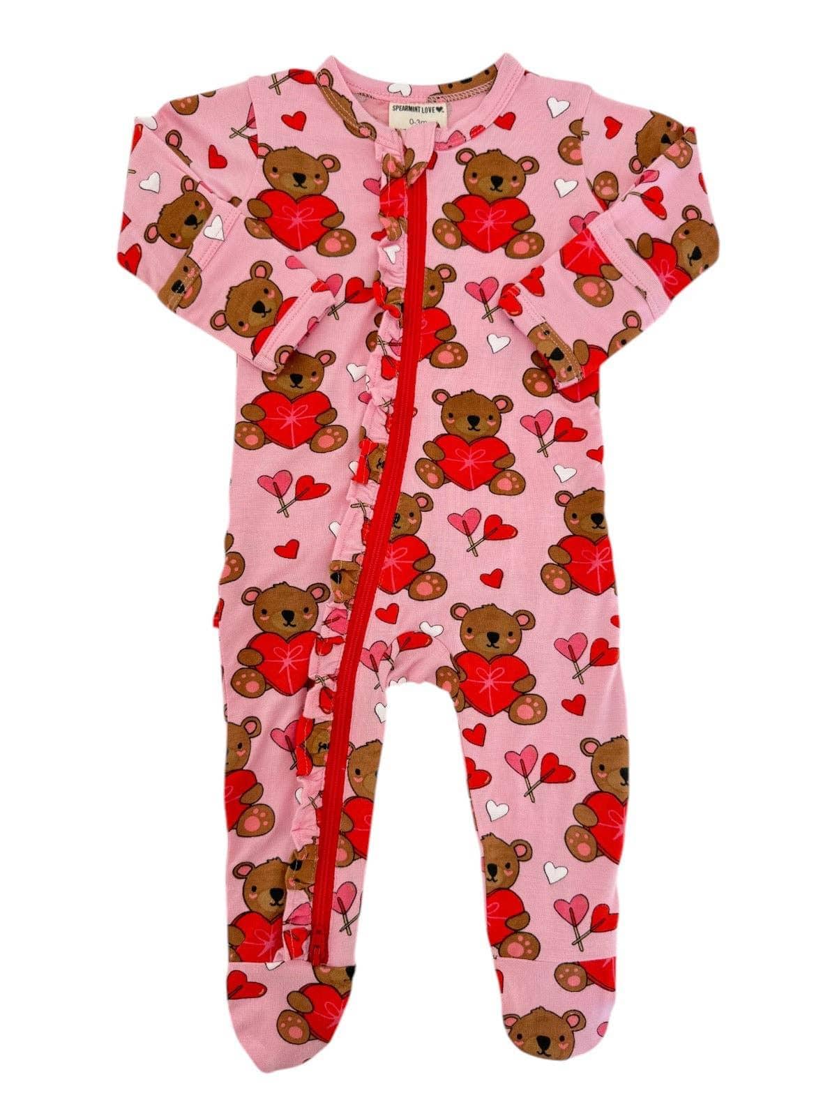 Bamboo 2-Way Ruffle Zipper Footie - Valentine Bear Pink - Image 2