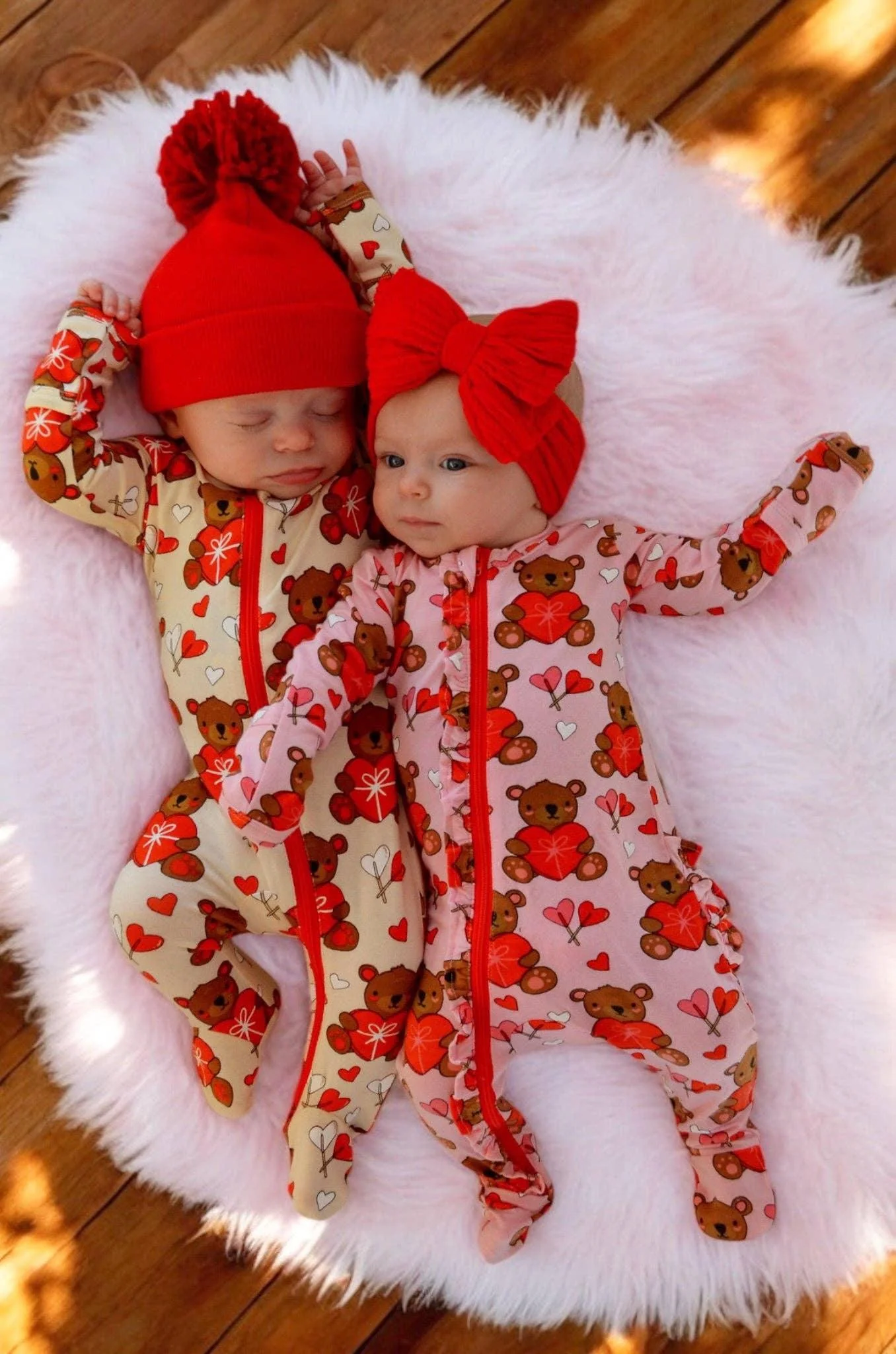 Bamboo 2-Way Ruffle Zipper Footie - Valentine Bear Pink - Image 3
