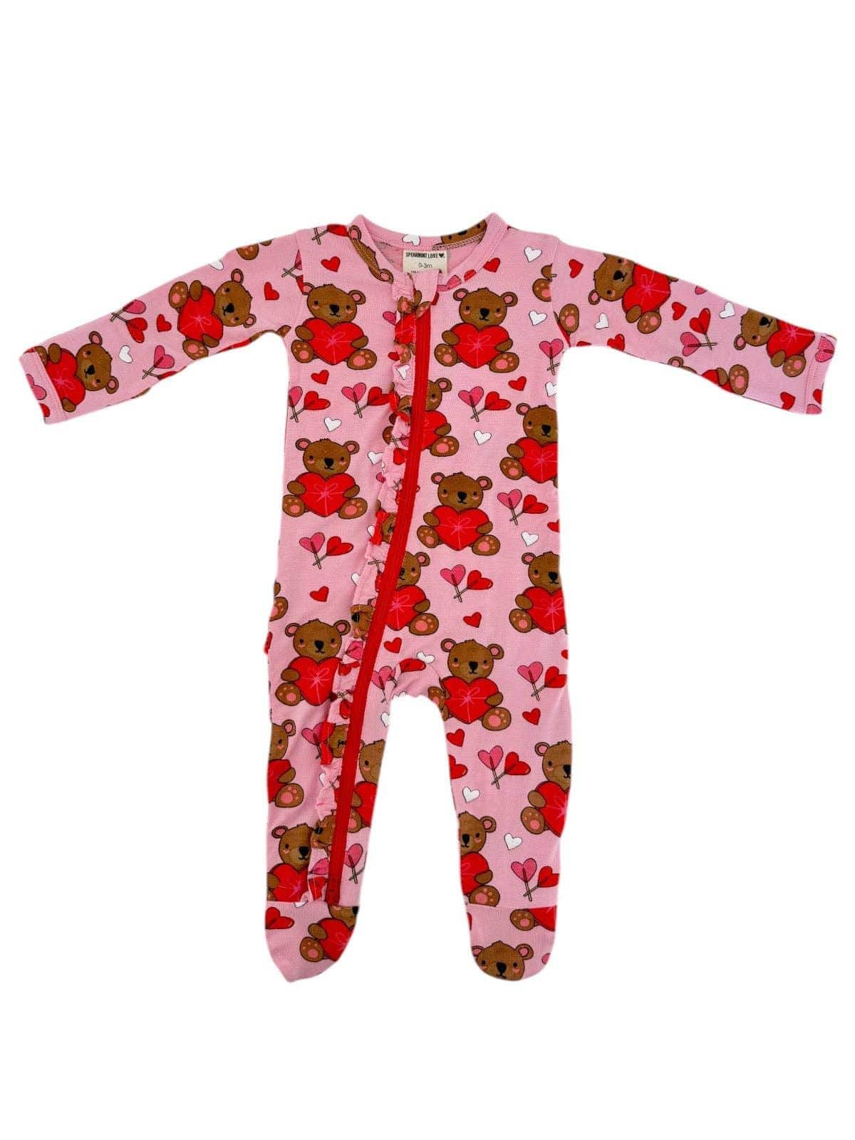 Bamboo 2-Way Ruffle Zipper Footie - Valentine Bear Pink - Image 4