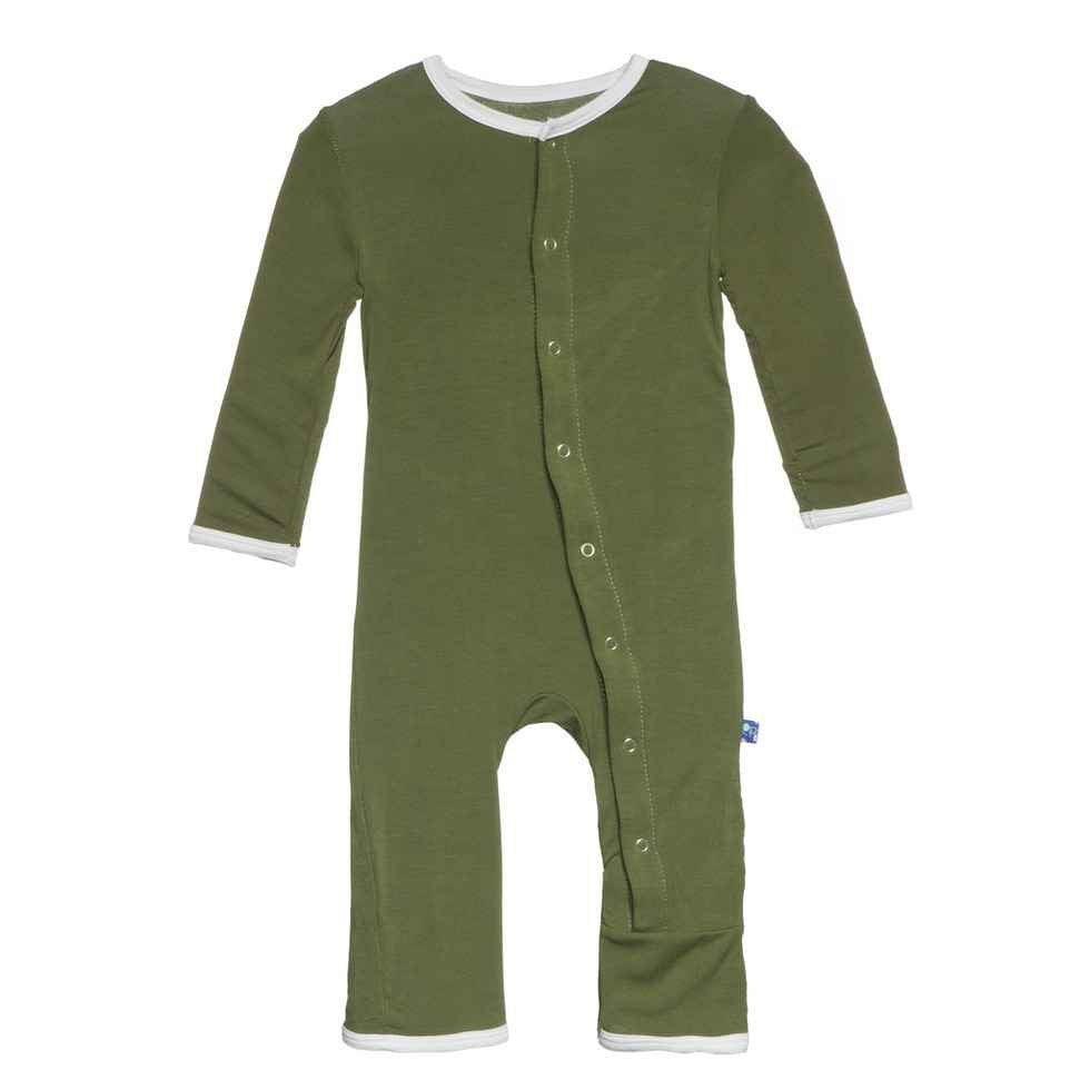 Bamboo Applique Coverall Romper, Moss Clover - Image 2