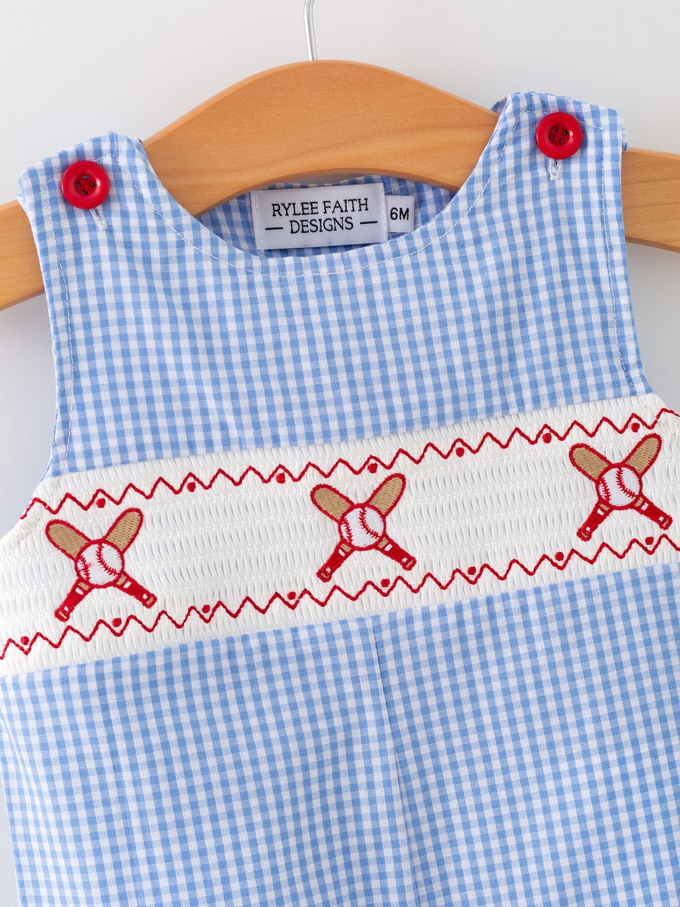 Baby Boy Baseball Smocked Romper - Blue Plaid Summer Outfit - Image 2