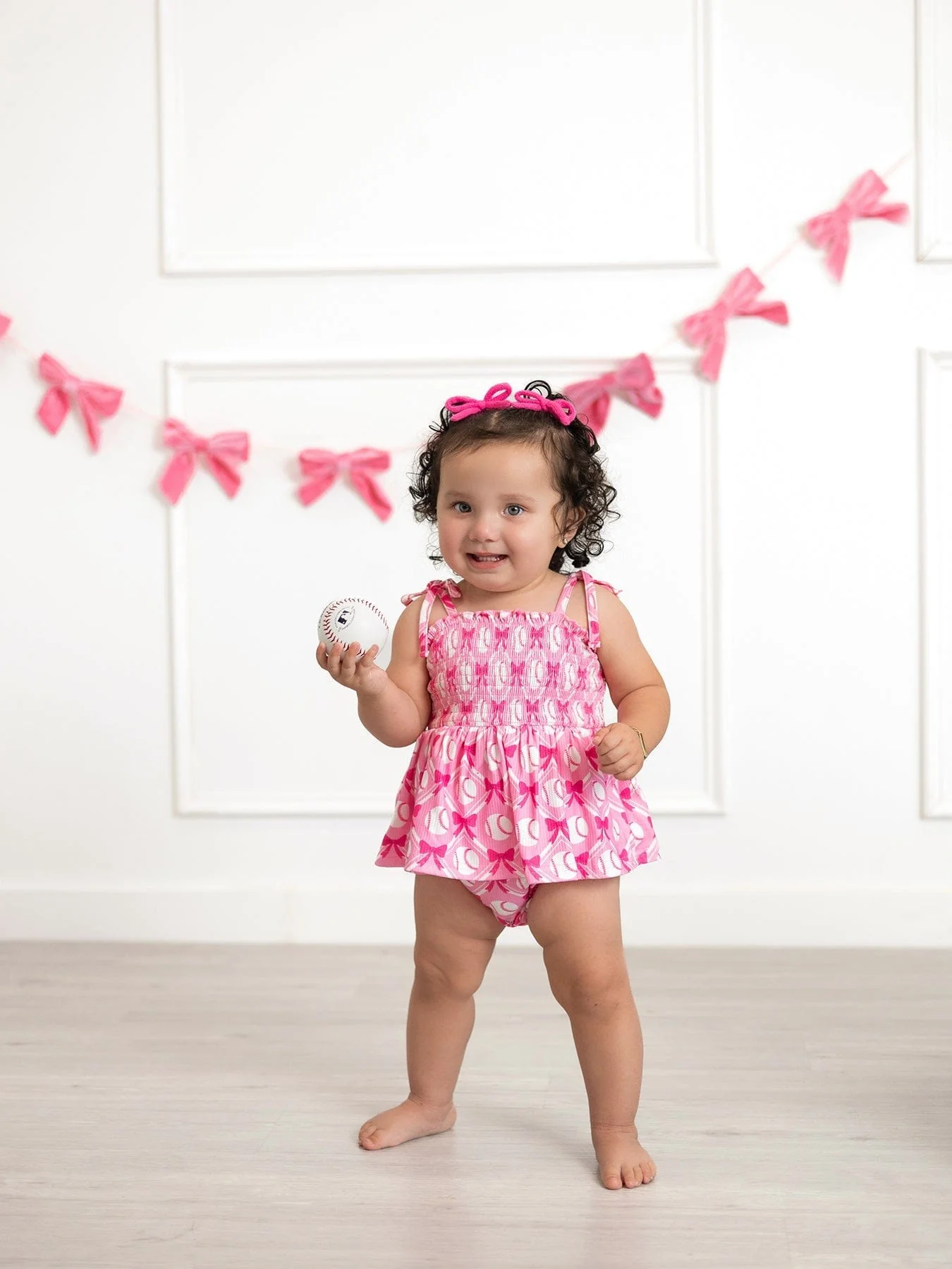 Baby Girl Pink Baseball Bow Print Romper Summer Outfit - Image 2