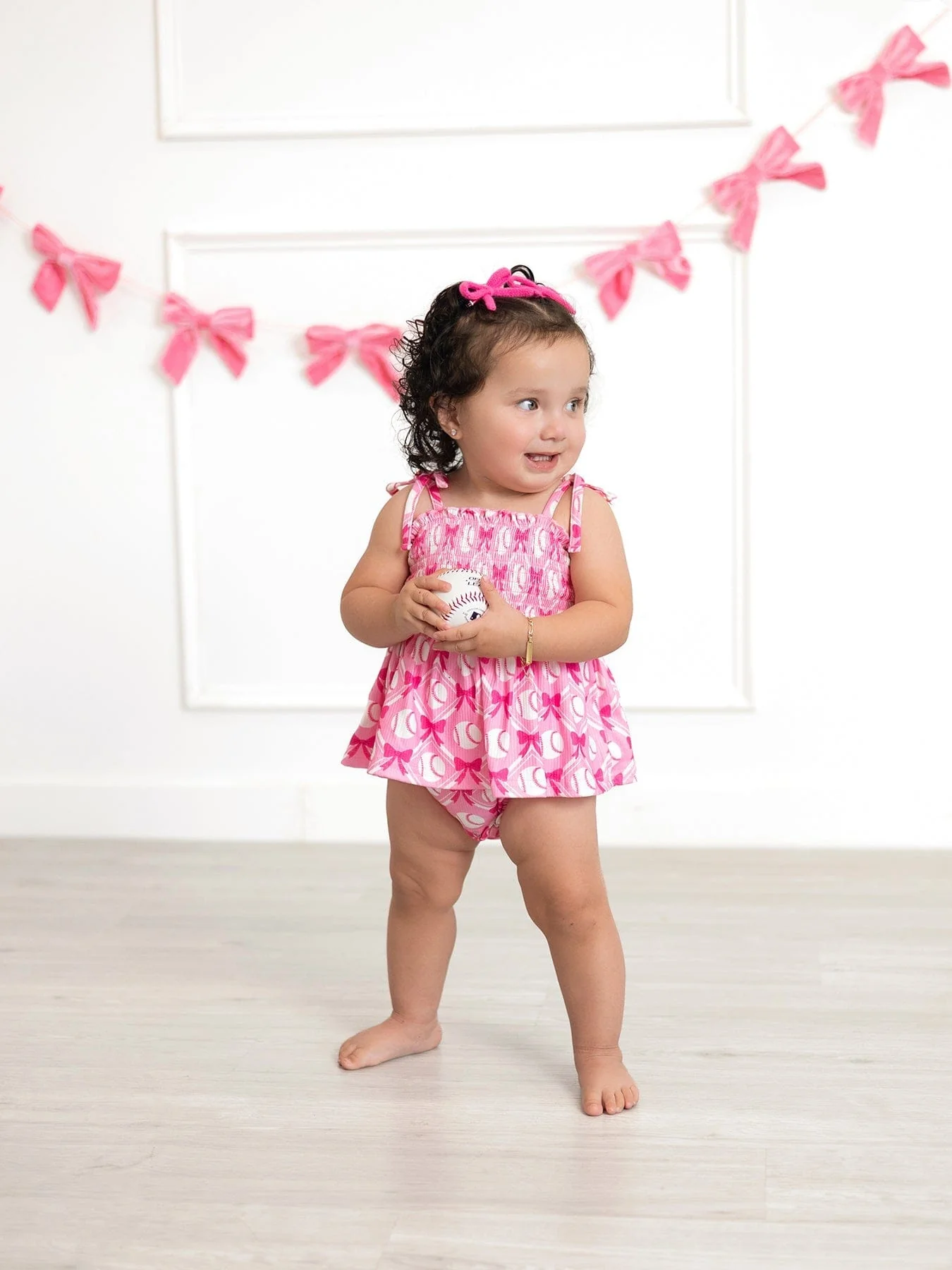 Baby Girl Pink Baseball Bow Print Romper Summer Outfit - Image 3