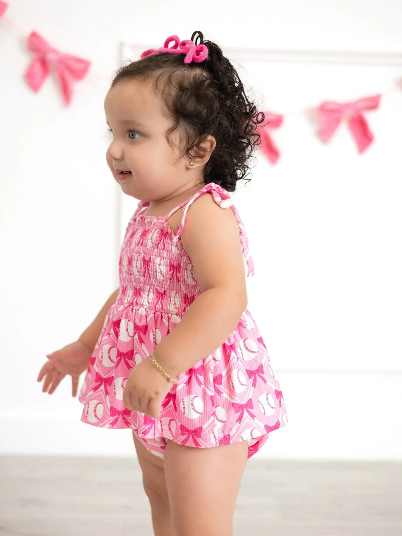 Baby Girl Pink Baseball Bow Print Romper Summer Outfit - Image 4