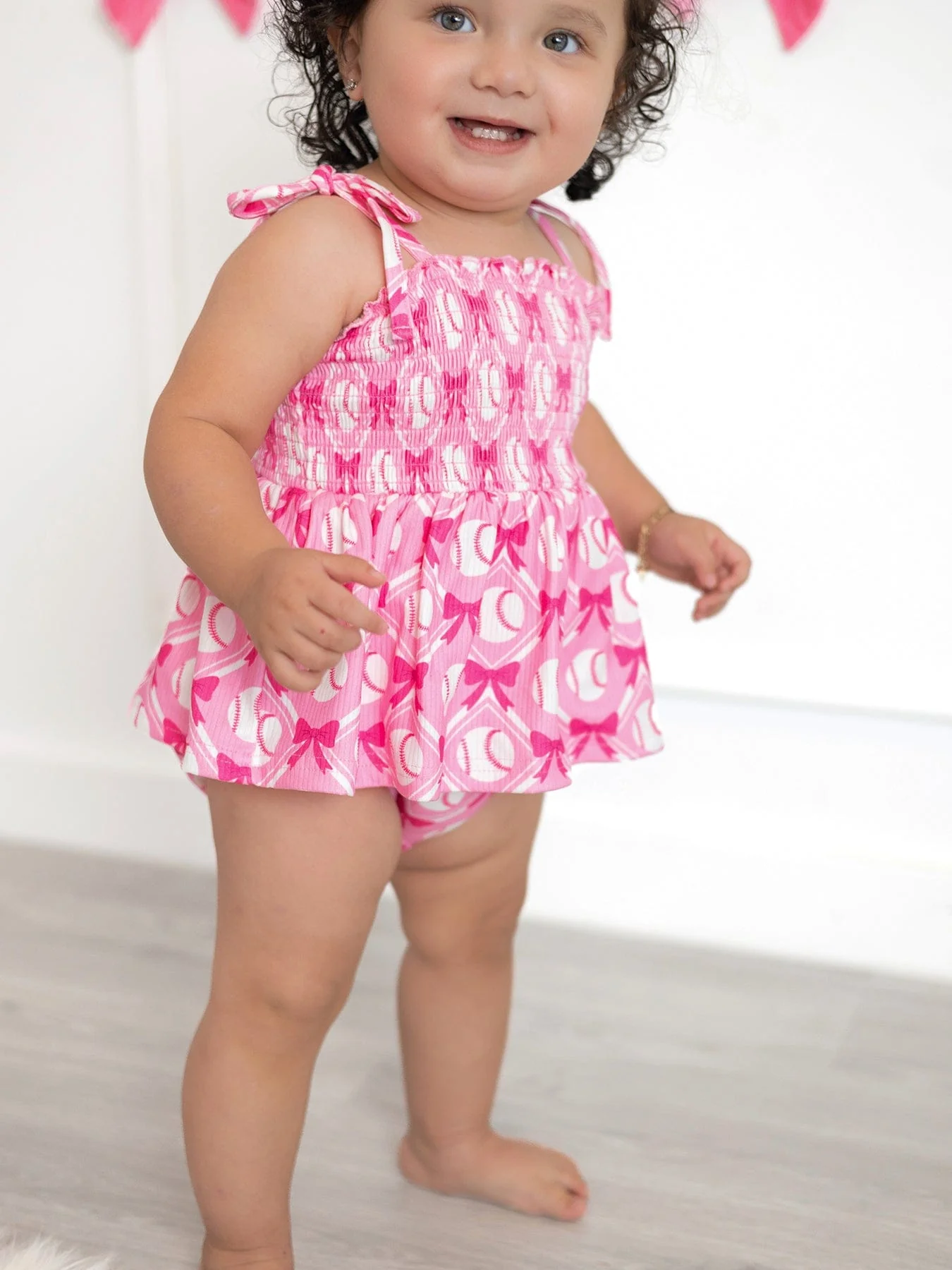 Baby Girl Pink Baseball Bow Print Romper Summer Outfit - Image 5