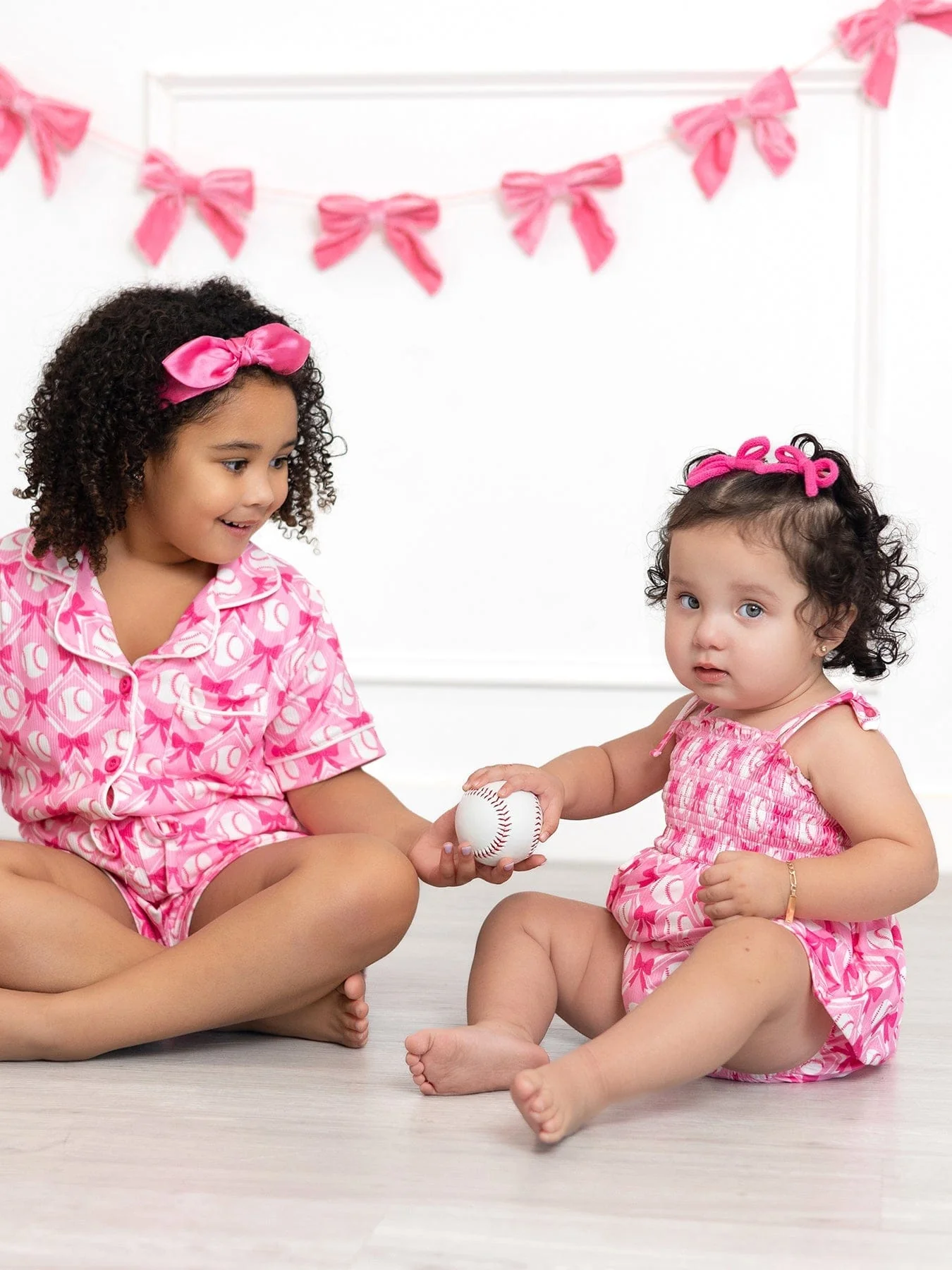 Baby Girl Pink Baseball Bow Print Romper Summer Outfit - Image 6