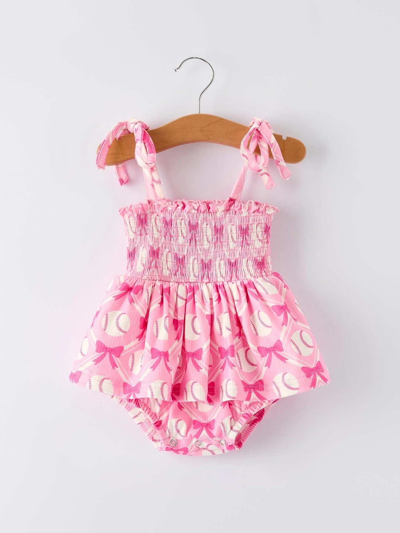 Baby Girl Pink Baseball Bow Print Romper Summer Outfit - Image 8