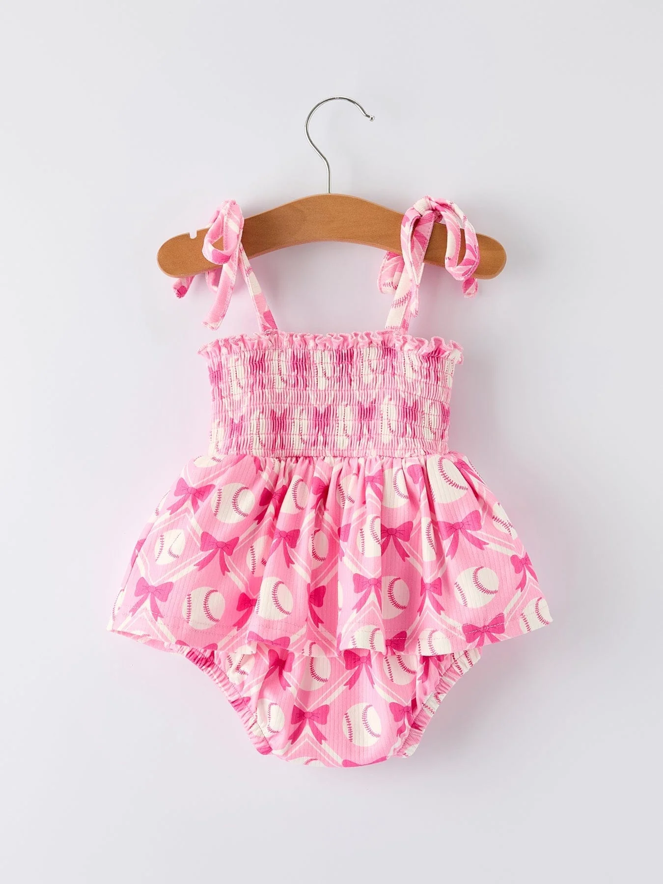 Baby Girl Pink Baseball Bow Print Romper Summer Outfit - Image 9