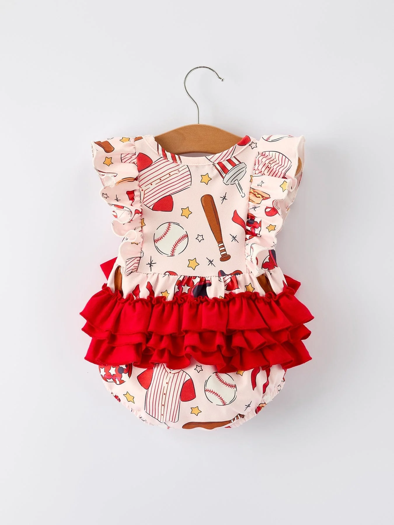 Baby Girl Romper with Red Bows Baseball Print - Image 2