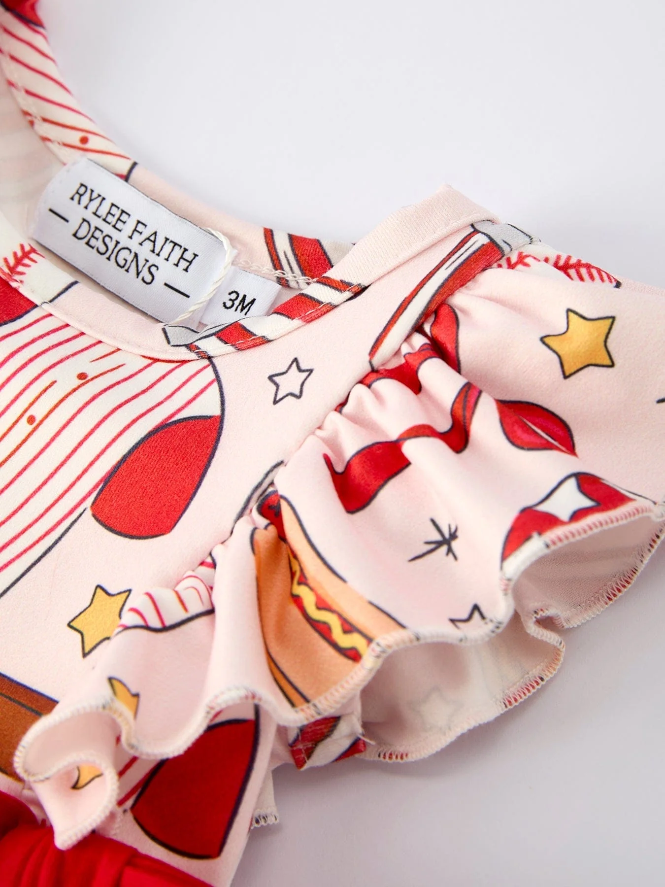 Baby Girl Romper with Red Bows Baseball Print - Image 3