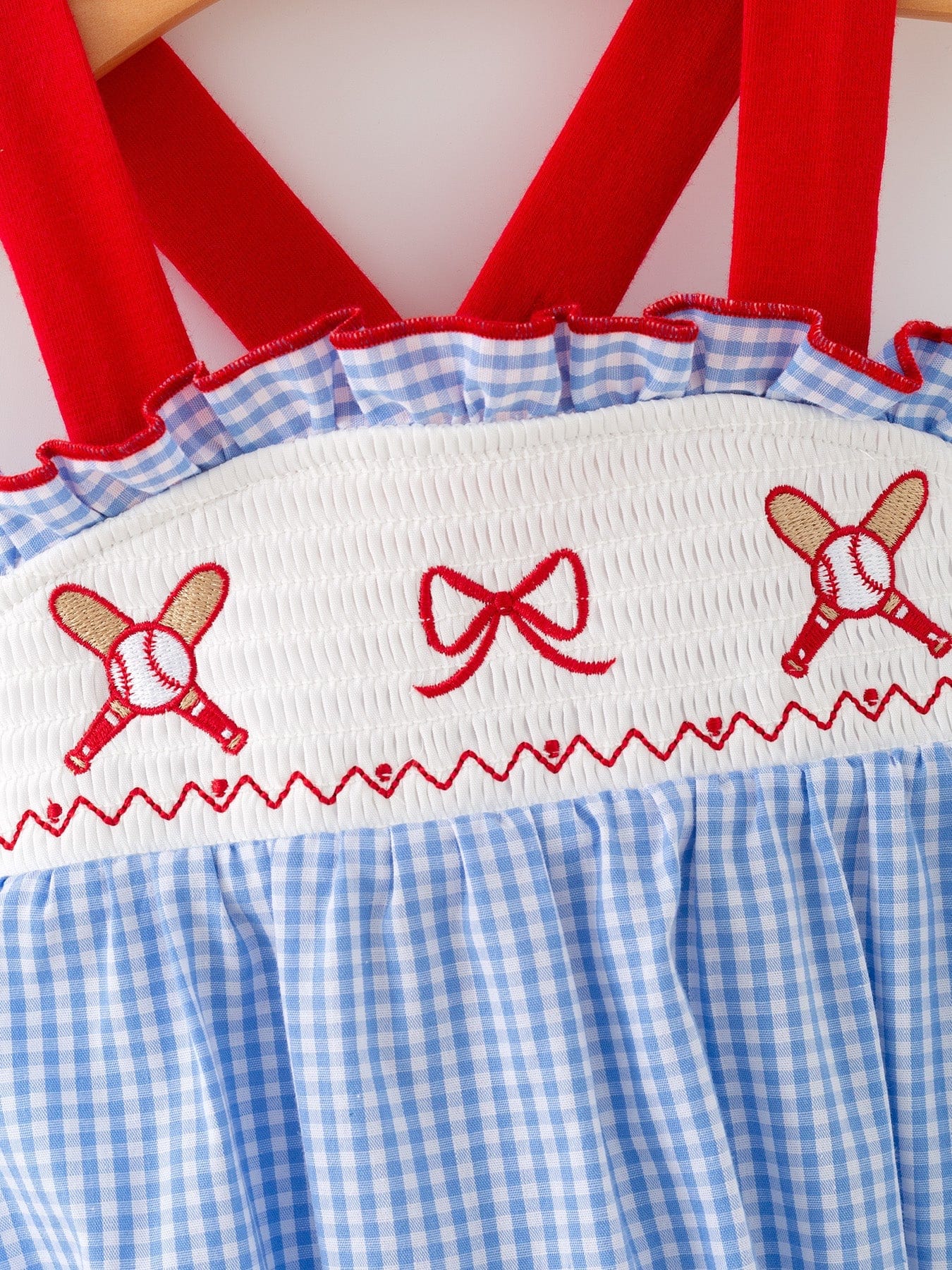 Baby Girls Baseball Smocked Romper - Blue Plaid Summer Outfit - Image 2