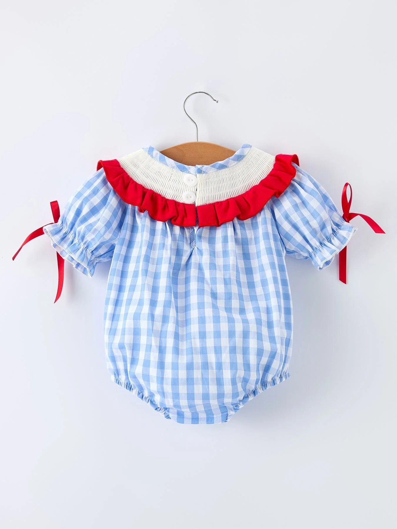 Baby Girls Summer Strawberry Bow Embroidered Smocked Romper - Image 2