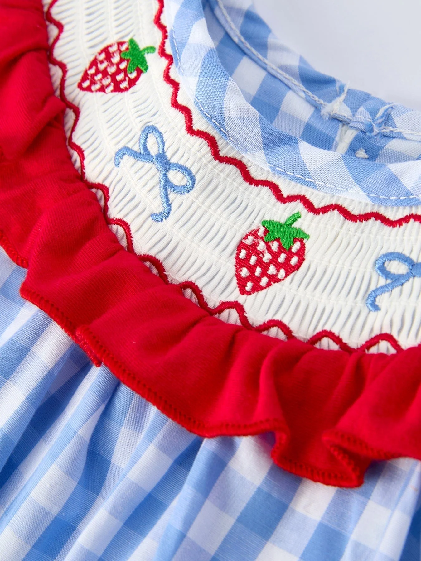 Baby Girls Summer Strawberry Bow Embroidered Smocked Romper - Image 3