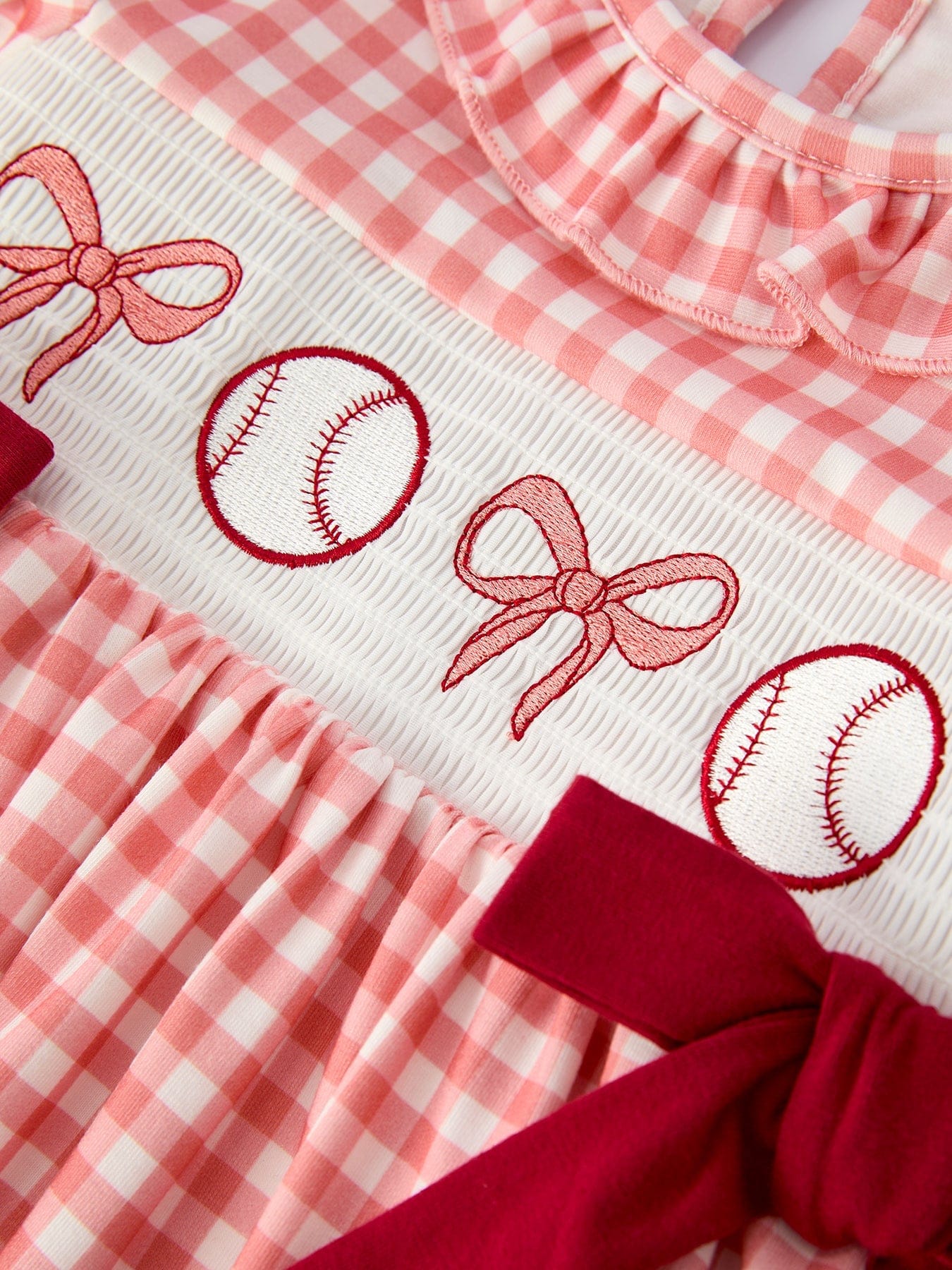 Baseball Embroidery Smocked Ruffle Plaid Girl Dress - Image 4