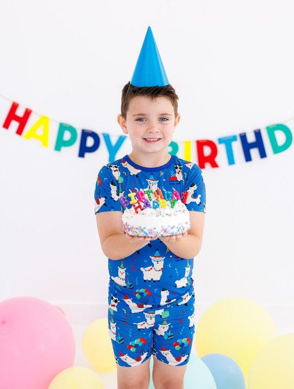 Boy's Bamboo Short Sleeve Pajama Set with Shorts - Landon (Birthday Llamas) - Image 2