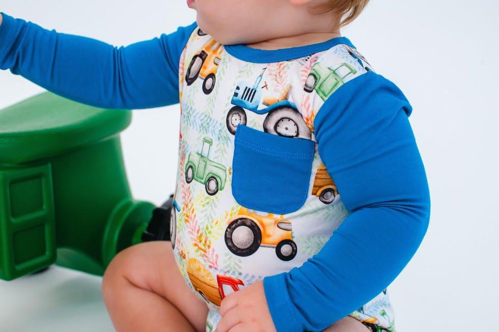 Boy's Bamboo Long Sleeve T-Shirt Bubble Romper - Billy (Trucks and Tractors) - Image 5