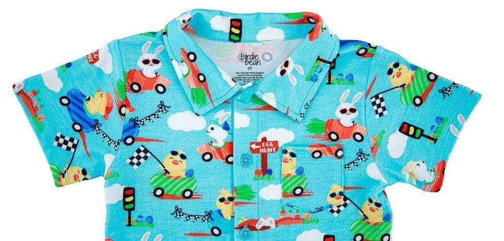 Boy's Bamboo Short Sleeve Button-Up Shirt - Judah (Chick and Bunny Race Cars) - Image 2