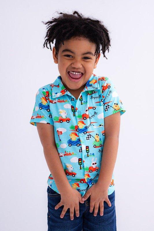 Boy's Bamboo Short Sleeve Button-Up Shirt - Judah (Chick and Bunny Race Cars) - Image 3