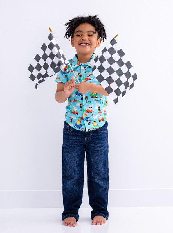 Boy's Bamboo Short Sleeve Button-Up Shirt - Judah (Chick and Bunny Race Cars) - Image 4