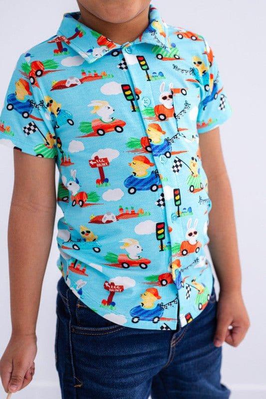 Boy's Bamboo Short Sleeve Button-Up Shirt - Judah (Chick and Bunny Race Cars) - Image 5