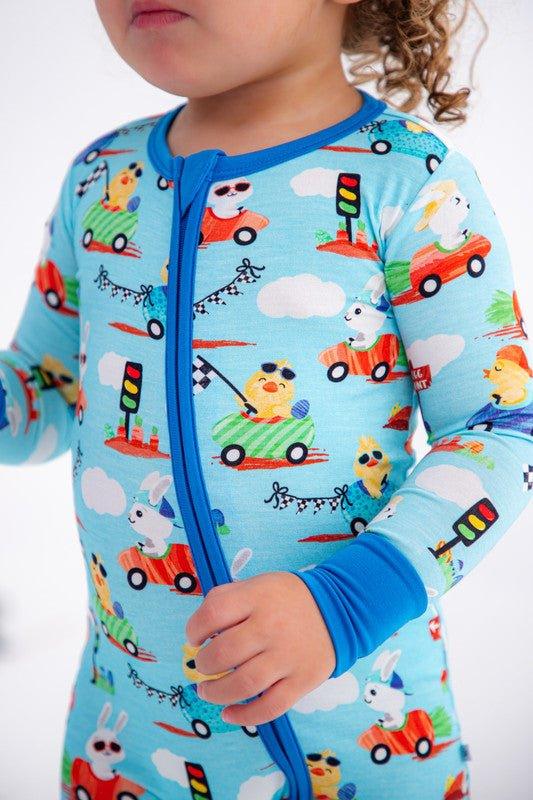 Bamboo Convertible Footie Romper - Judah (Chick and Bunny Race Cars) - Image 2