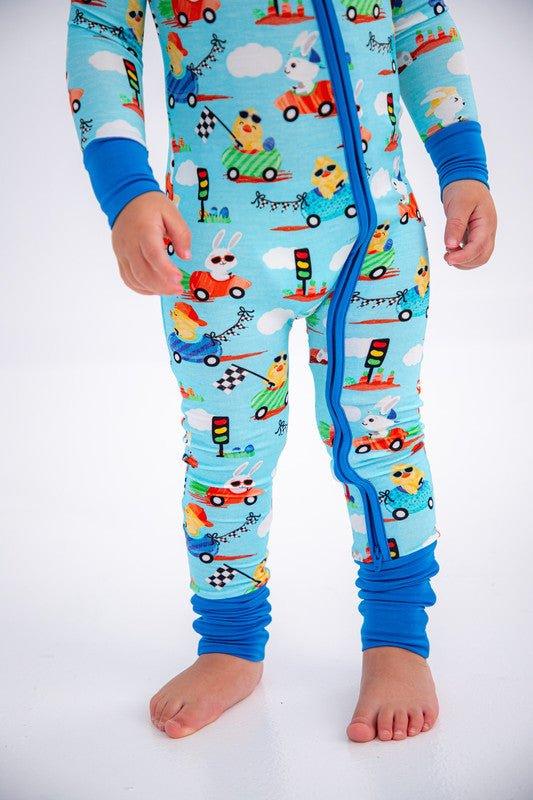 Bamboo Convertible Footie Romper - Judah (Chick and Bunny Race Cars) - Image 3