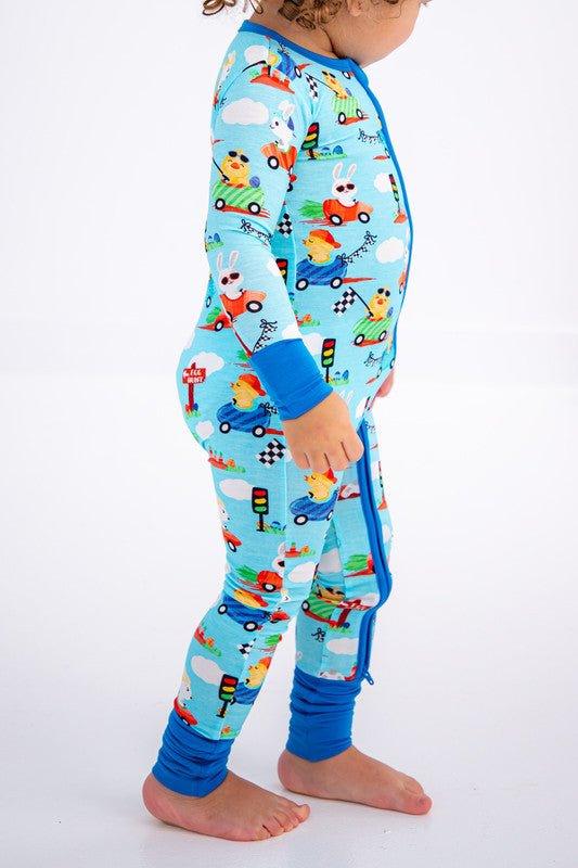 Bamboo Convertible Footie Romper - Judah (Chick and Bunny Race Cars) - Image 4