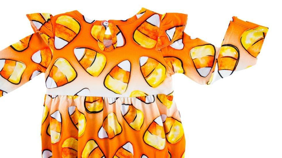 Girl's Bamboo Long Sleeve Bubble Romper - Binx (Candy Corn) - Image 2