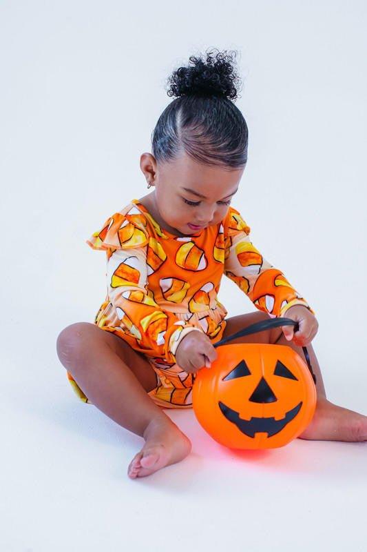 Girl's Bamboo Long Sleeve Bubble Romper - Binx (Candy Corn) - Image 3