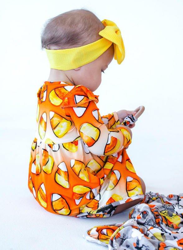 Girl's Bamboo Long Sleeve Bubble Romper - Binx (Candy Corn) - Image 4