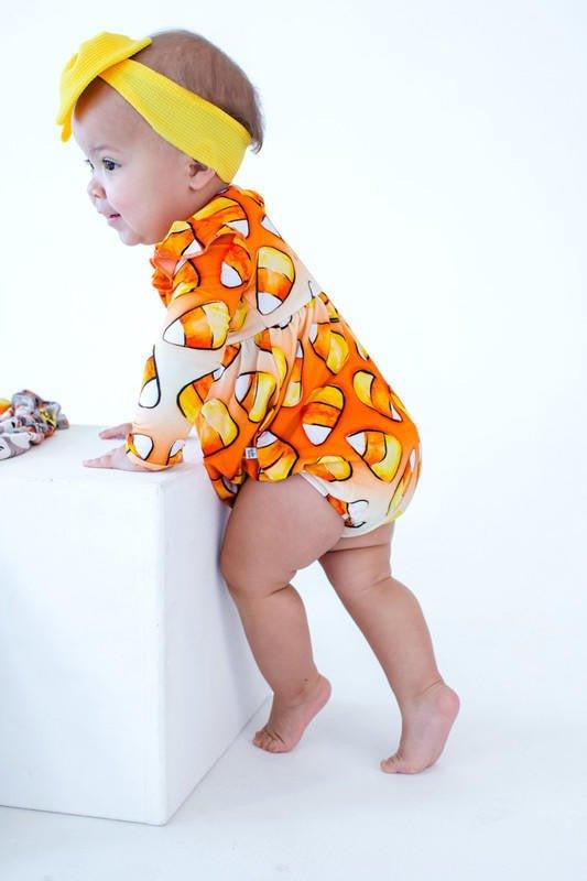 Girl's Bamboo Long Sleeve Bubble Romper - Binx (Candy Corn) - Image 5