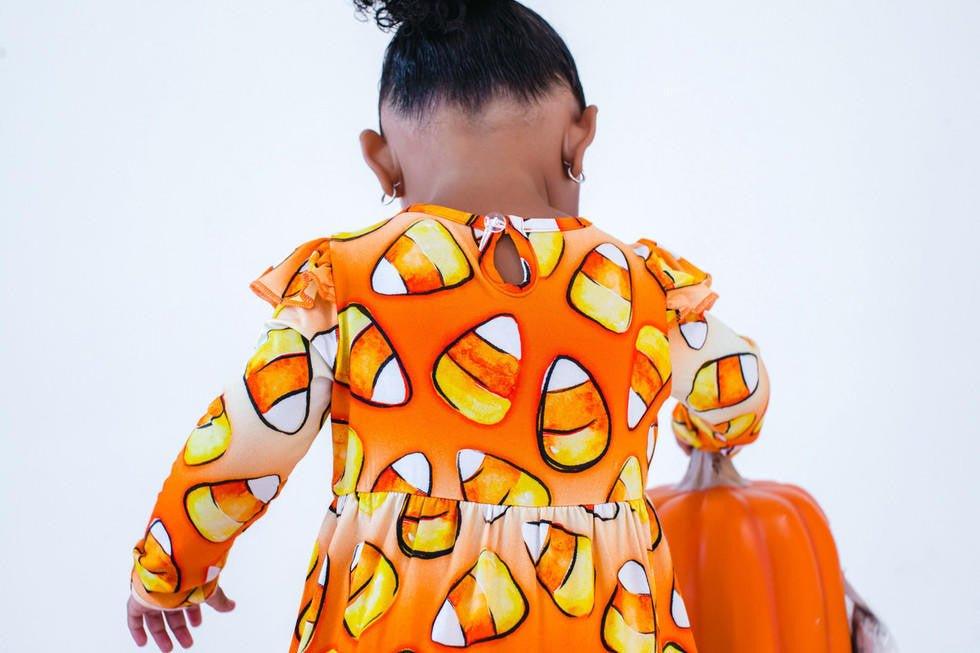 Girl's Bamboo Long Sleeve Bubble Romper - Binx (Candy Corn) - Image 6