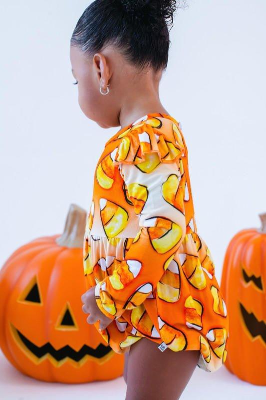 Girl's Bamboo Long Sleeve Bubble Romper - Binx (Candy Corn) - Image 7
