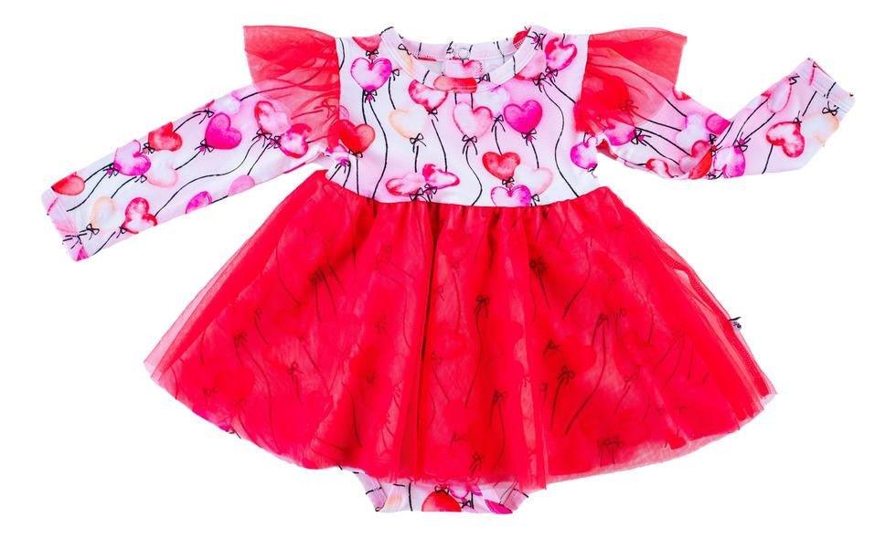 Girl's Bamboo Long Sleeve Tulle Twirl Bodysuit Dress - Amara (Heart Balloons)