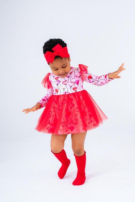 Girl's Bamboo Long Sleeve Tulle Twirl Bodysuit Dress - Amara (Heart Balloons) - Image 2