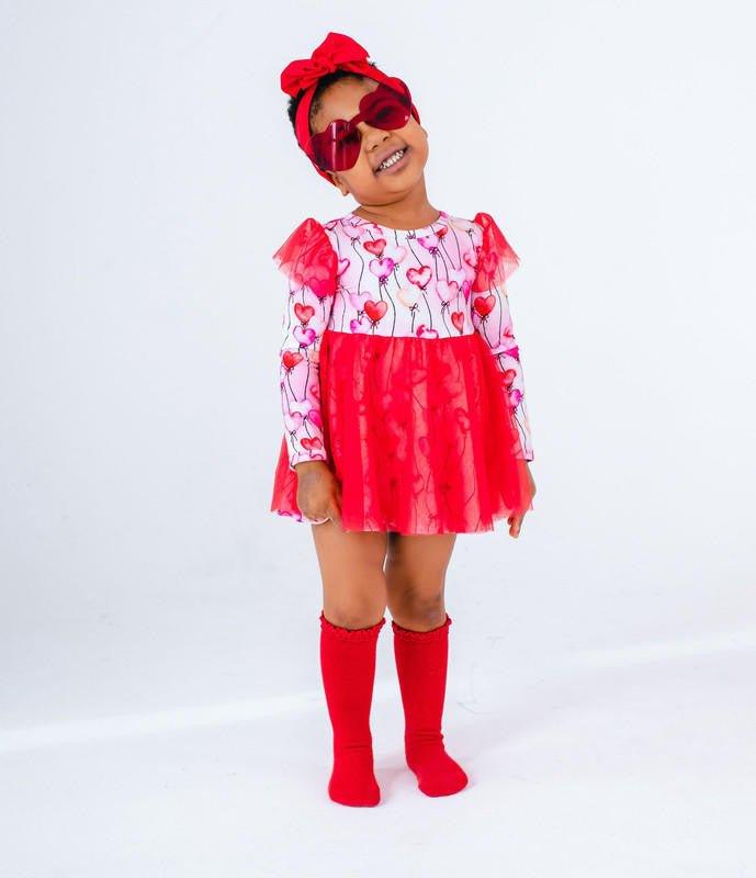 Girl's Bamboo Long Sleeve Tulle Twirl Bodysuit Dress - Amara (Heart Balloons) - Image 3