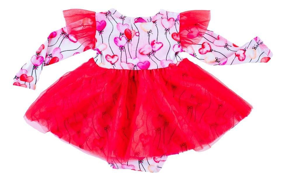 Girl's Bamboo Long Sleeve Tulle Twirl Bodysuit Dress - Amara (Heart Balloons) - Image 4