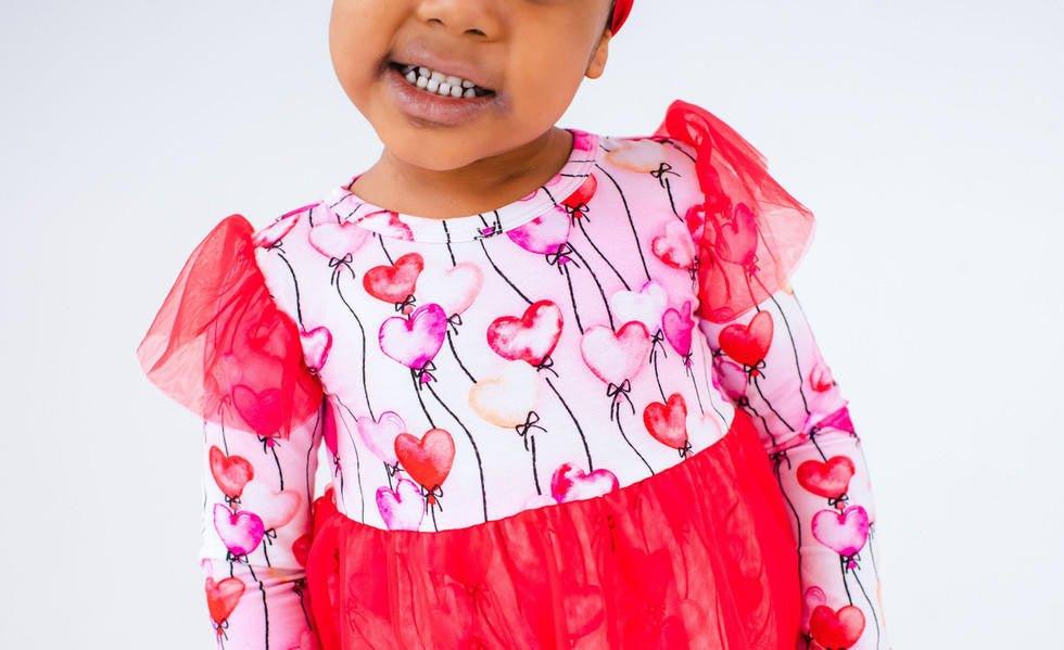 Girl's Bamboo Long Sleeve Tulle Twirl Bodysuit Dress - Amara (Heart Balloons) - Image 5