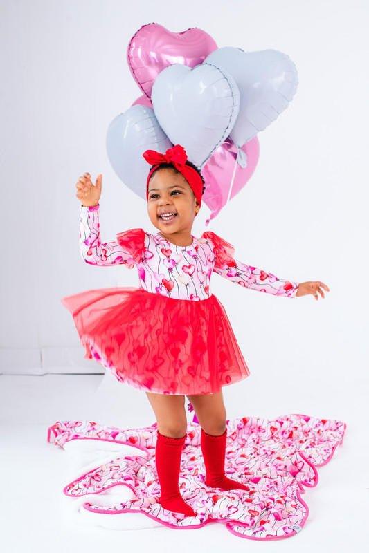 Girl's Bamboo Long Sleeve Tulle Twirl Bodysuit Dress - Amara (Heart Balloons) - Image 6