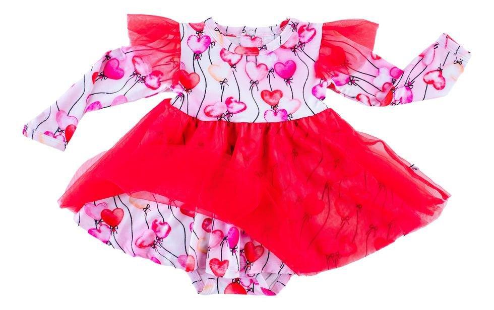 Girl's Bamboo Long Sleeve Tulle Twirl Bodysuit Dress - Amara (Heart Balloons) - Image 7