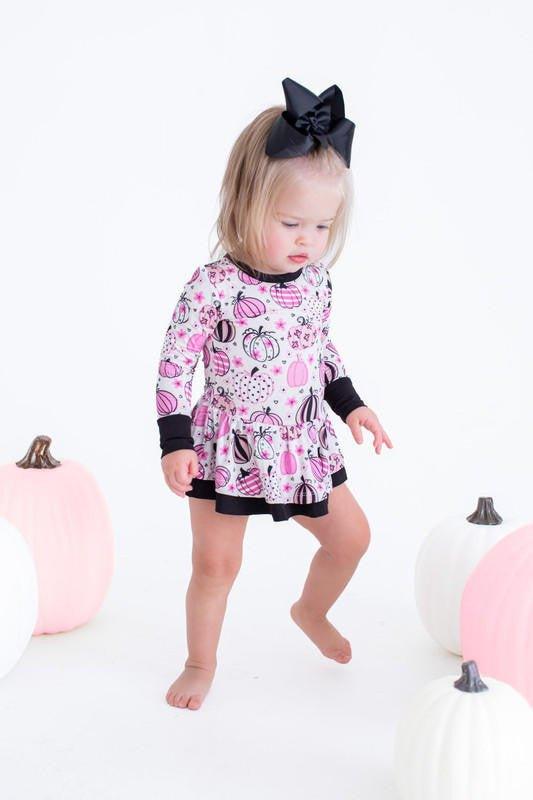 Girl's Bamboo Long Sleeve Twirl Bodysuit Dress - Quinn (Pumpkins) - Image 2