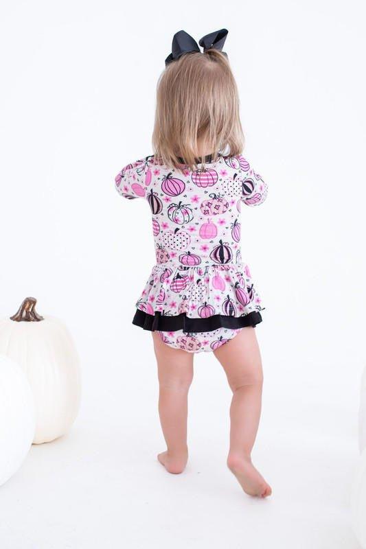 Girl's Bamboo Long Sleeve Twirl Bodysuit Dress - Quinn (Pumpkins) - Image 5