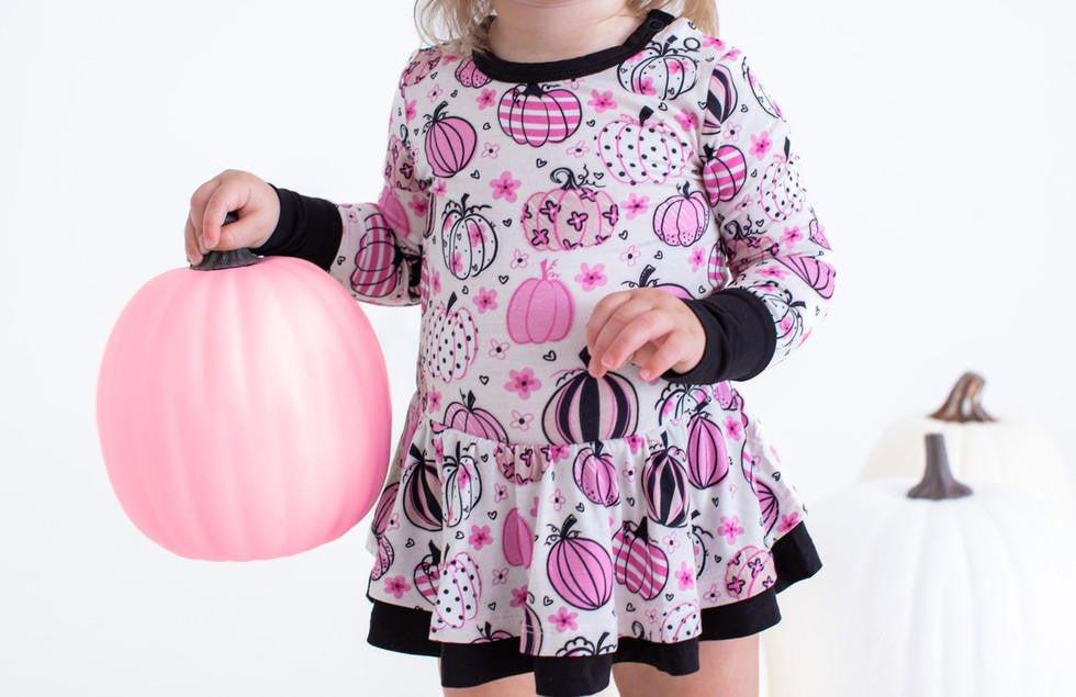 Girl's Bamboo Long Sleeve Twirl Bodysuit Dress - Quinn (Pumpkins) - Image 6