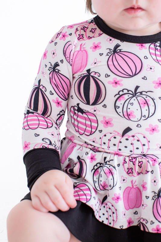 Girl's Bamboo Long Sleeve Twirl Bodysuit Dress - Quinn (Pumpkins) - Image 8