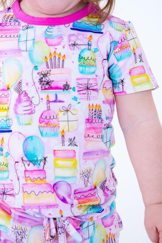 Girl's Bamboo Short Sleeve Lounge Pajama Set with Shorts - Harper (Birthday) - Image 2