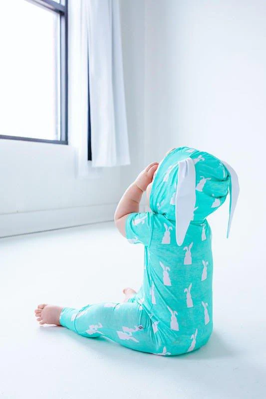 Bamboo Hooded Zipper Romper - Simon (Bunny On Mint) - Image 2