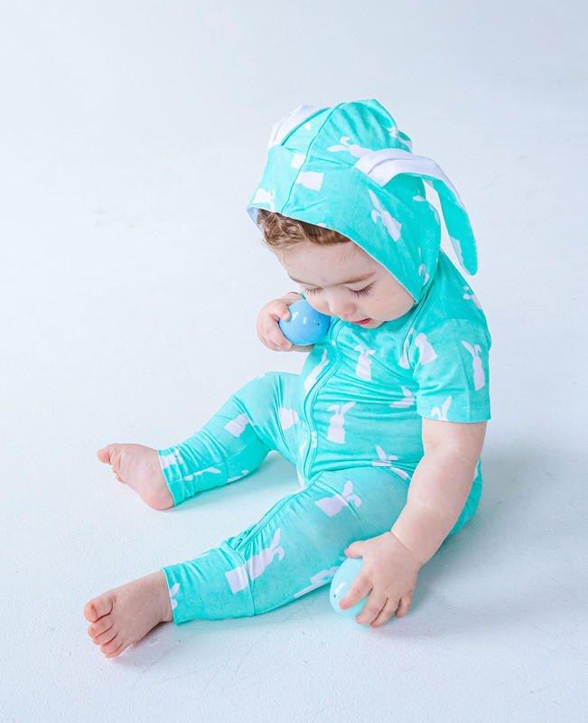 Bamboo Hooded Zipper Romper - Simon (Bunny On Mint) - Image 3