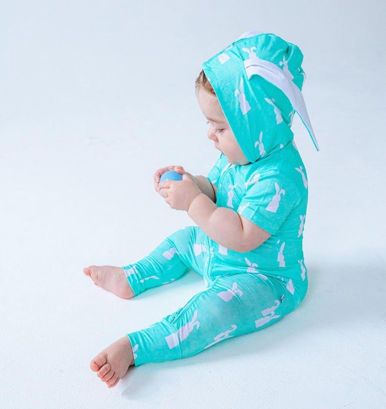 Bamboo Hooded Zipper Romper - Simon (Bunny On Mint) - Image 5