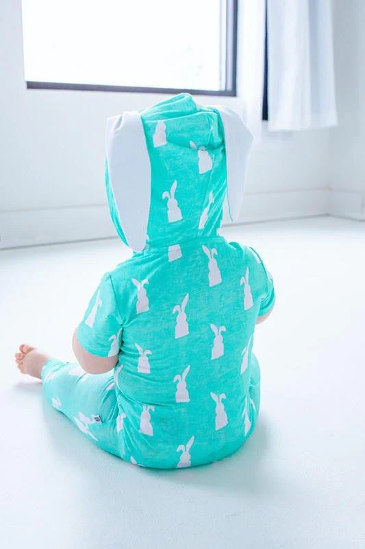 Bamboo Hooded Zipper Romper - Simon (Bunny On Mint) - Image 6