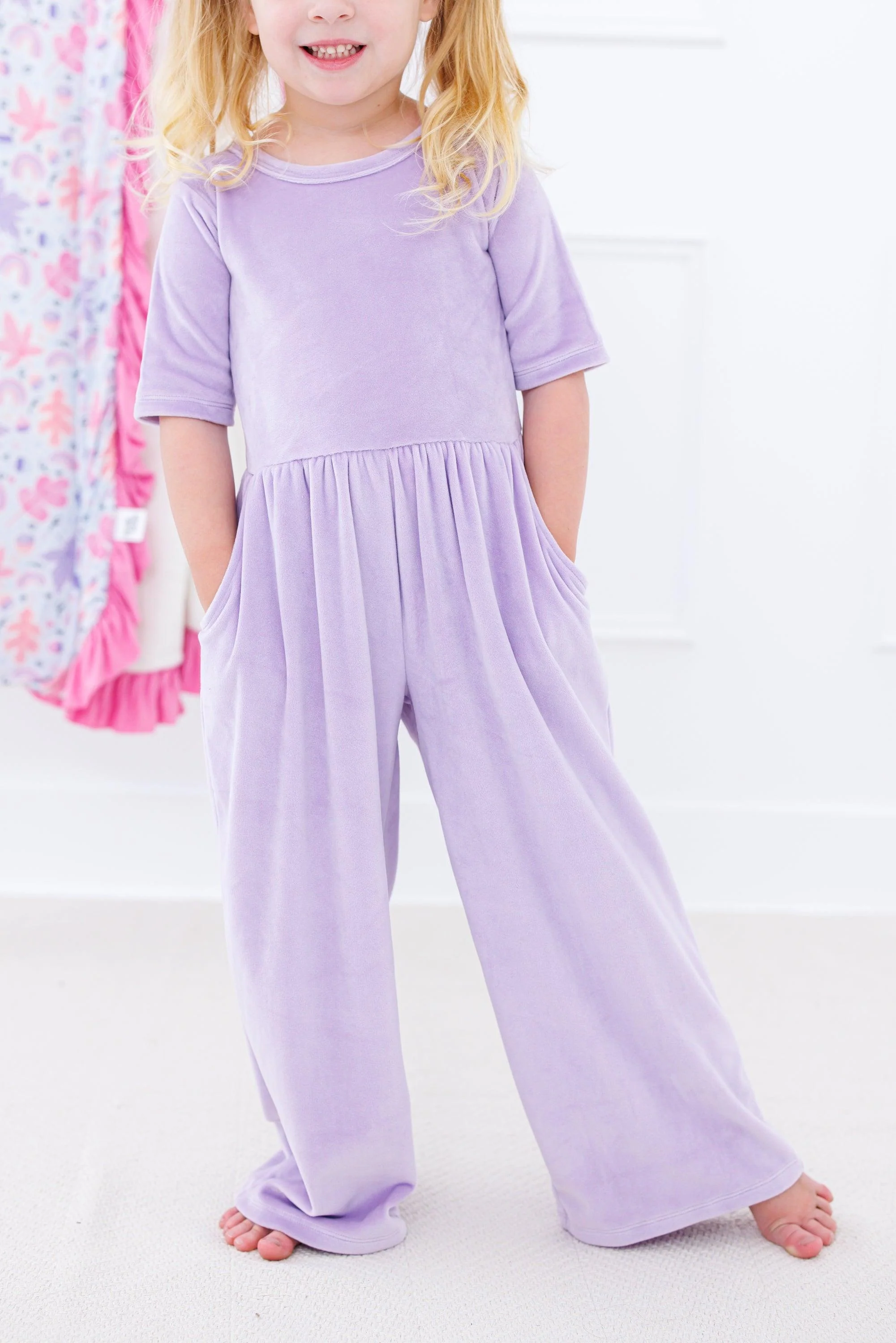 Solid Short Sleeve Velvet Leggy Jumpsuit - Lavender - Image 2
